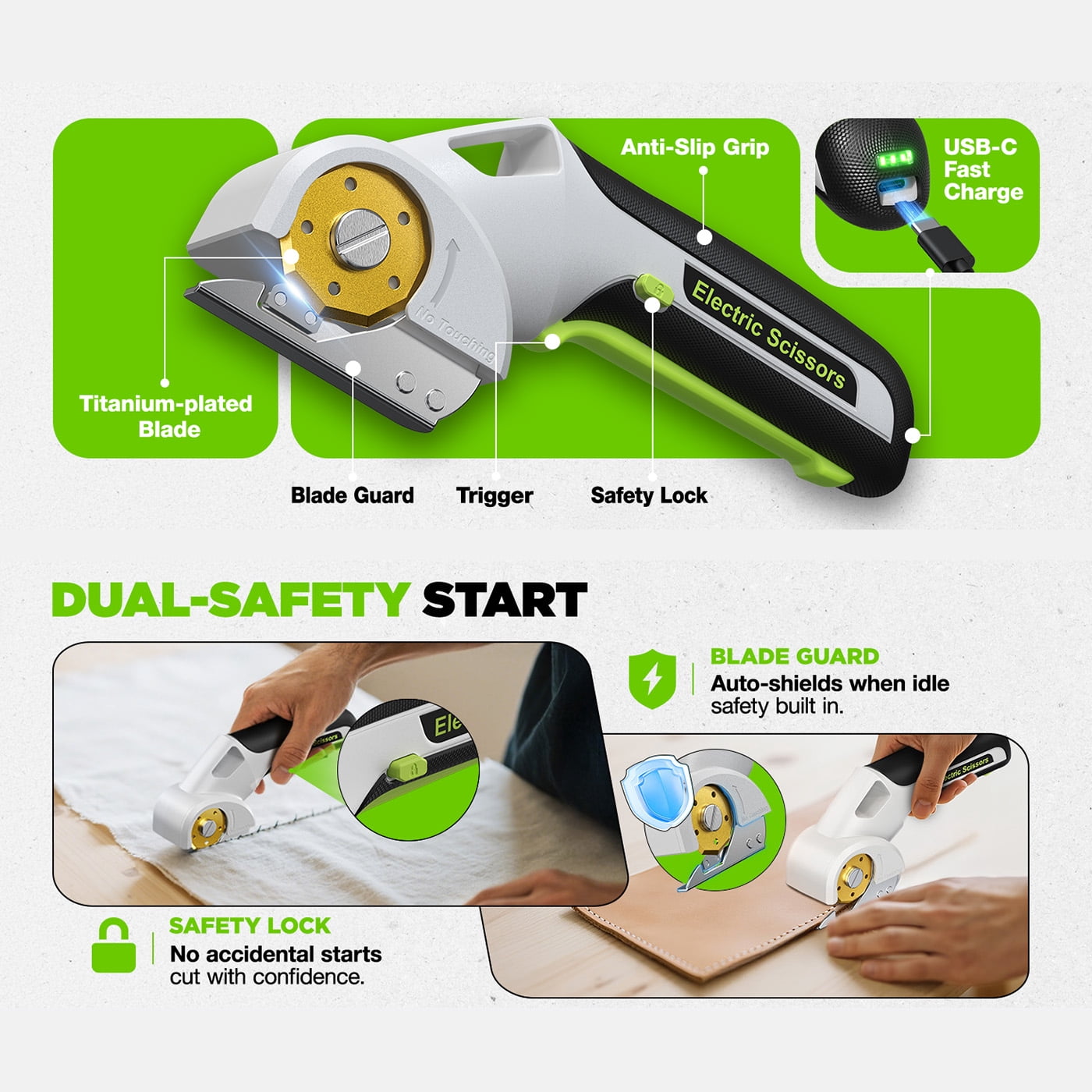PATODOR 4V Cardboard Cutter, Cordless Electric Scissors Cutting Tools, Rotary Cutter for Fabric, 2 Titanium Blades, Safety Lock, for Carpet, Leather