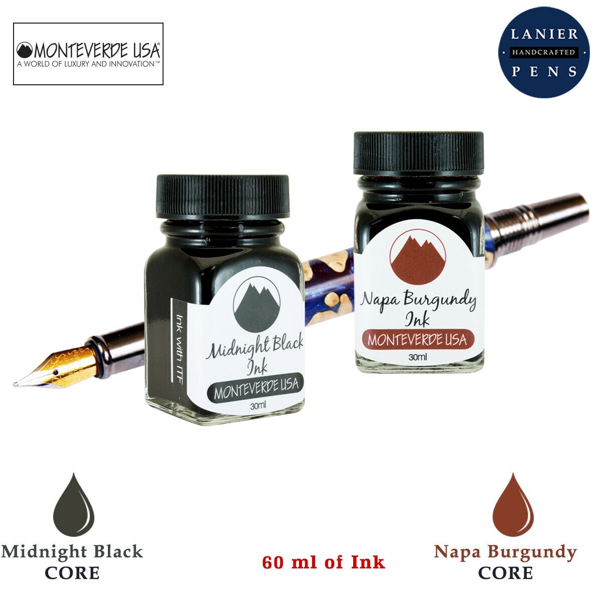 Monteverde 60ml Core Fountain Pen Ink Bottle (30ml Midnight Black Ink Bottle G309MB, 30ml Napa Burgundy Ink Bottle G309NB)