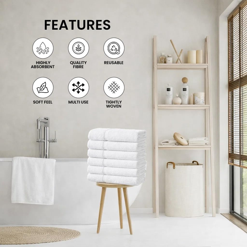 Zuperia 6-pack Classic Bath Towels, 30" x 60" Cotton Bathroom Towels, Ultra Soft, Highly Absorbent, Fast Drying, Durable for Home, Gym, Spa, Hotel, (WHITE)