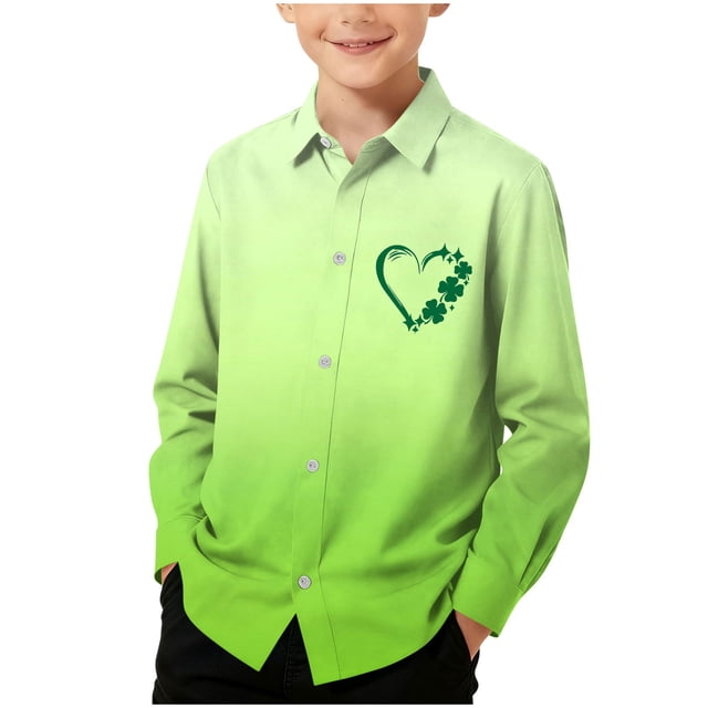RXMEKW Chemise à Manches Longues Imprimée de la Saint-Patrick pour Garçons avec Col Rabattu, 95 % Coton 5 % Élasthanne, Vert