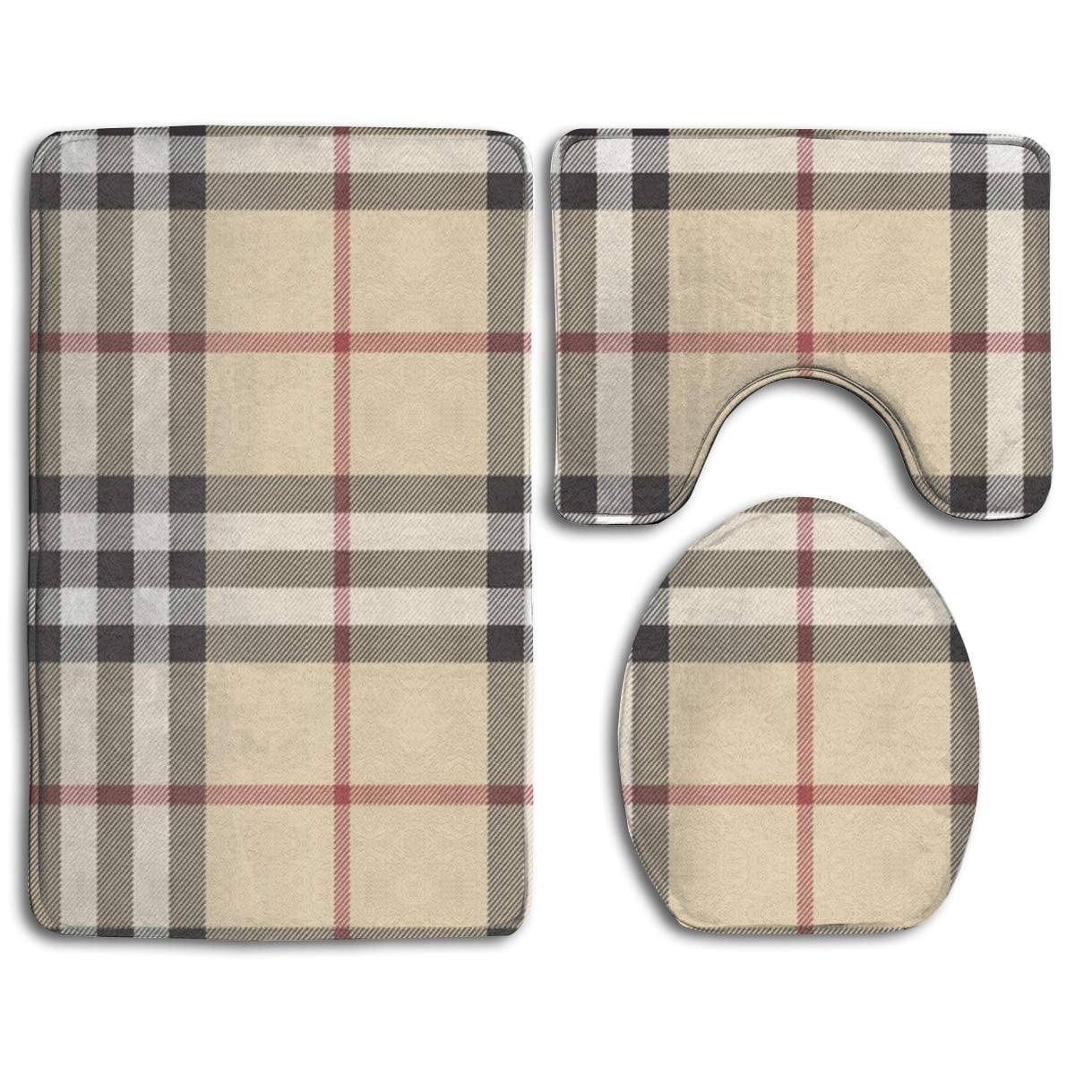 PUDMAD Gray Plaid Lines 3 Piece Bathroom Rugs Set Bath Rug Contour Mat