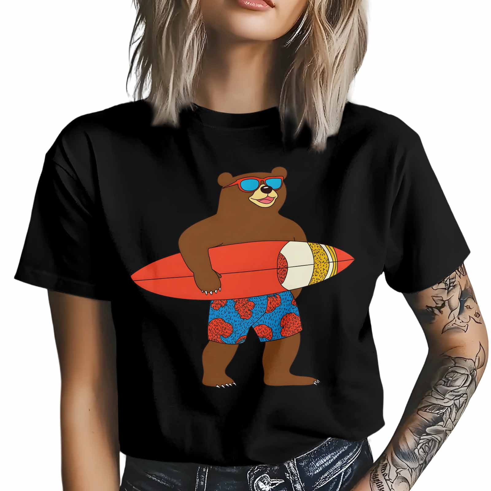 Surf Brown Bear Men's T Shirts Cartoon Bear with Glasses T-Shirt for Men Crew Neck Tees Cotton Tops Black, S