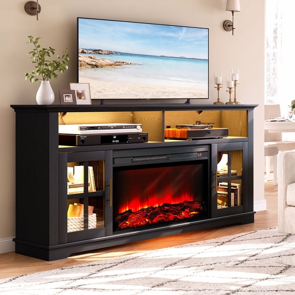 UHOMEPRO 63 Inch Electric Fireplace TV Stand for TVs up to 70 Inch, Fireplace Entertainment Center with 30 Inch Fireplace, LED Lights, Modern TV Console Table for Living Room, Black