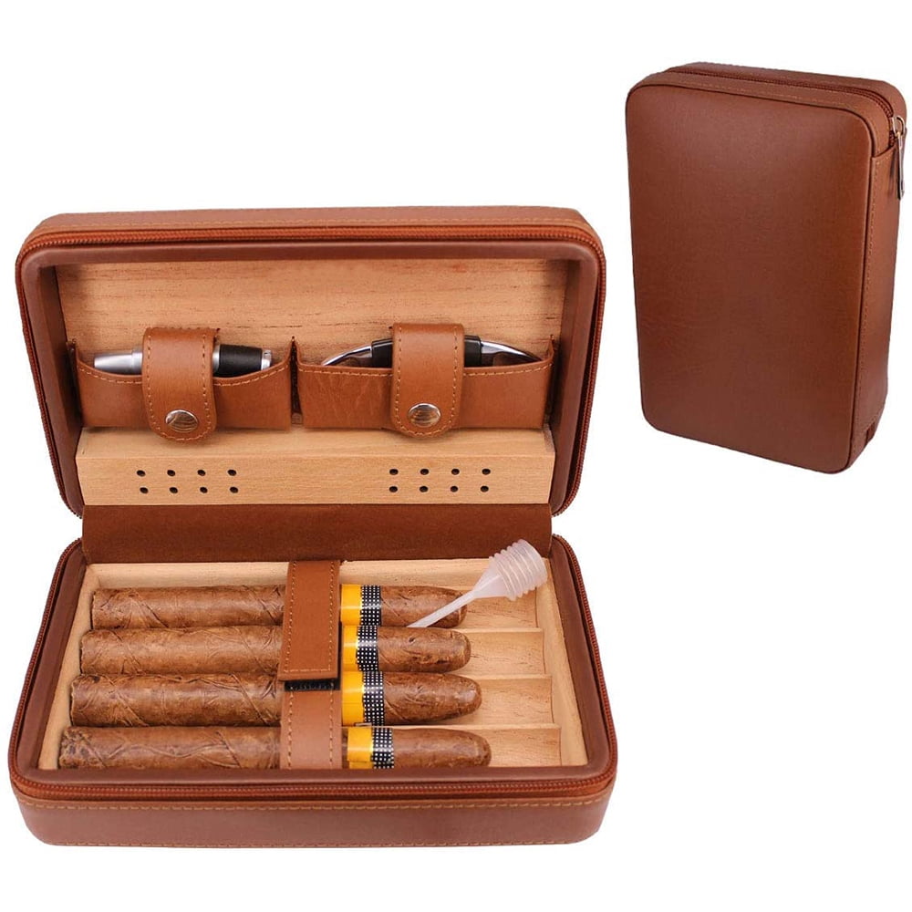 Small Brown Leather Spanish Cedar Wood Travel Cigar Case Humidor 6 Counts 