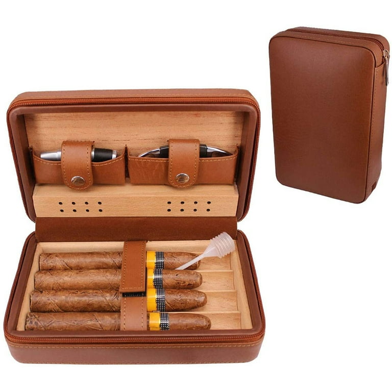 Leather Travel Cigar Humidor Case, Portable Cedar Wood with Humidifier  Humidifier for 4 Cigars
