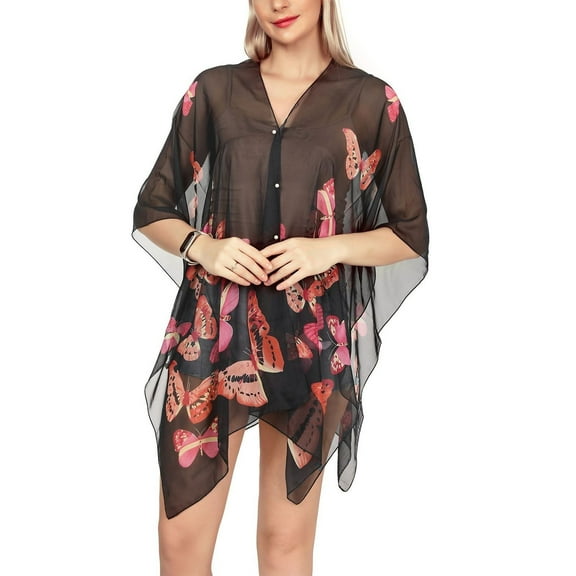 SWSMCLT Women's Cover Up Beach Sheer Swimsuit Spring Beaded Shawl Cute Chiffon V Neck Thin Soft Fall Boho Fashion Black One Size