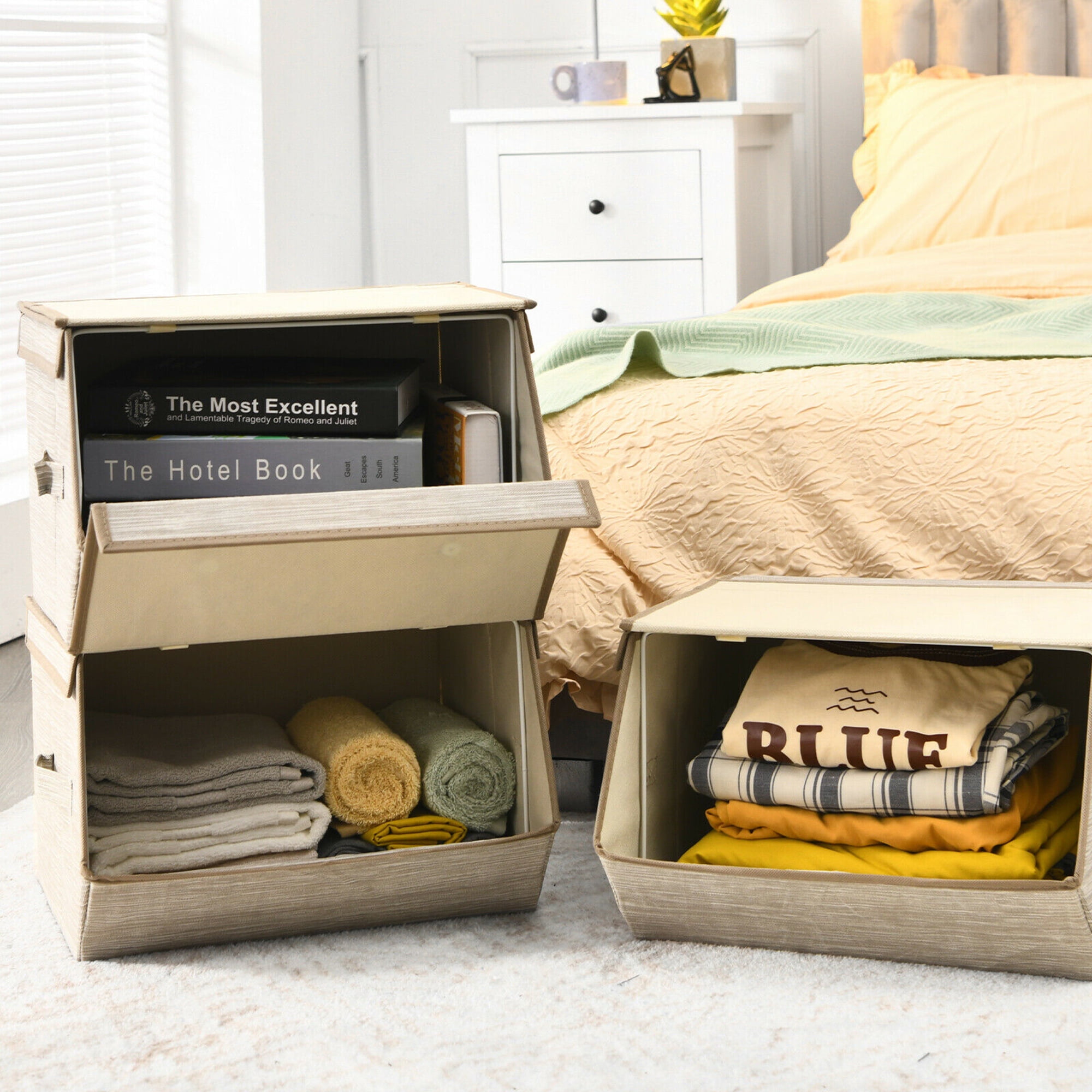 Costway Stackable Large Bins Cubes W/Lids Storage Organizers W/Linen&Oxford  Fabric 4 Sets