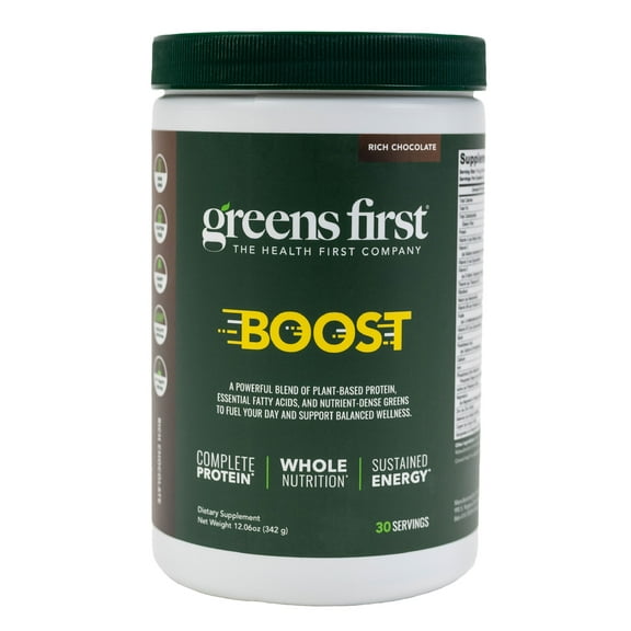 Greens First Boost - Plant-Based Protein & Balanced Nutrition - Superfood Shake Mix - No Wheat or Soy - Dairy-Free - Vegan - Dutch Chocolate, 12.28 oz.