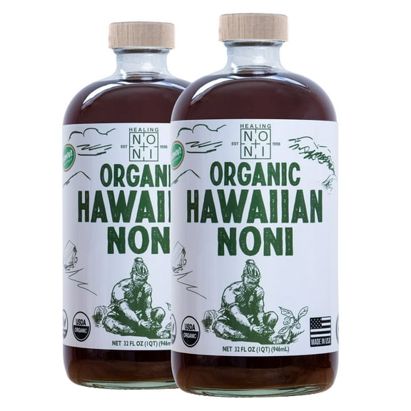 Healing Noni - Organic Hawaiian Noni Juice - 2 Pack of 32oz Glass Bottles