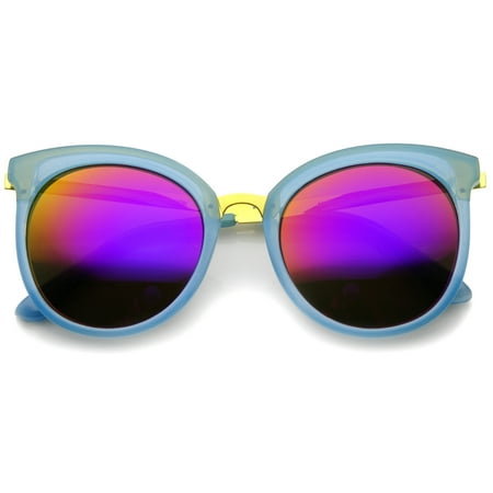 sunglassLA - Womens Round Oversized Translucent High Temple Color Mirrored Lens Cat Eye Sunglasses - 55mm