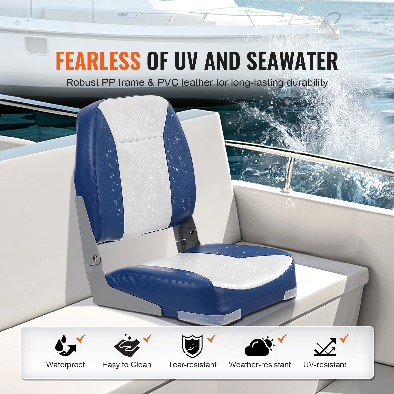KFFKFF Marine Seat, 18.9" Compact Low Back, Thick Sponge Cushion Folding Seat for Boats, Ideal for Fishing, Touring, Speedboats, Canoes, Single Unit