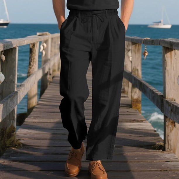 Pantalones largos de lino para hombre, informales, a la moda, transpirables, con cordón, cintura ajustada, piernas anchas, pantalones largos de rayón para hombre.