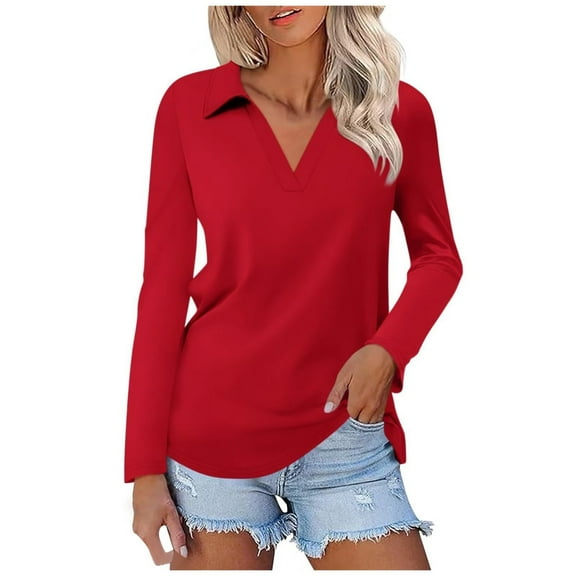 XUELUO Boho Tops For Women Autumn Winter Solid Color Lapel V Neck Long Sleeve Fashion Casual Shirts For Women Tee Shirts Outwear,Red,XL