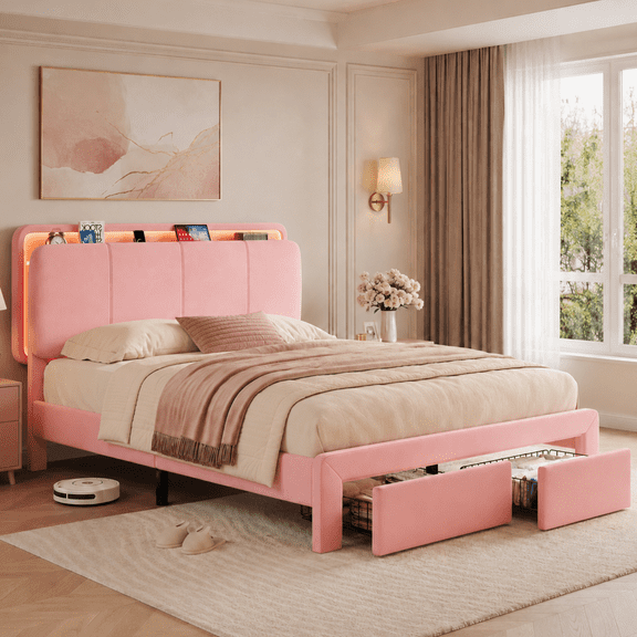 Full Size Bed Frame with Storage Headboard, LED Mood Lighting & Charging Station, Upholstered Platform Bed with 2 Large Under-Bed Drawers, Noise-Free, 1,000 lbs Support, Easy Assembly, Pink