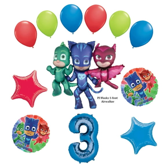 PJ MASKS Airwalker 3rd Birthday AGE Number 3 Three Third Balloon Party Supplies Decorations Kit • Catboy Owlette Gekko - 12pc
