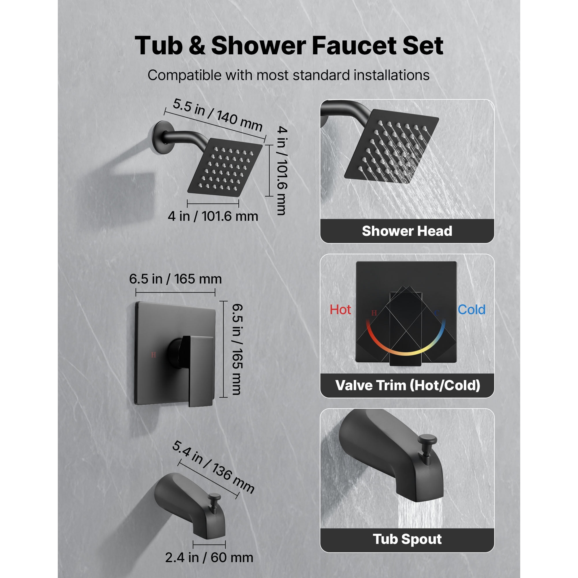 KFFKFF Tub and Shower Faucet Set with 4-Inch Rainfall Shower Head and Bathtub Spout, Single-Handle Tub Trim Kit Featuring 304 Stainless Steel Valve Trim, Matte Black Finish for Bathrooms