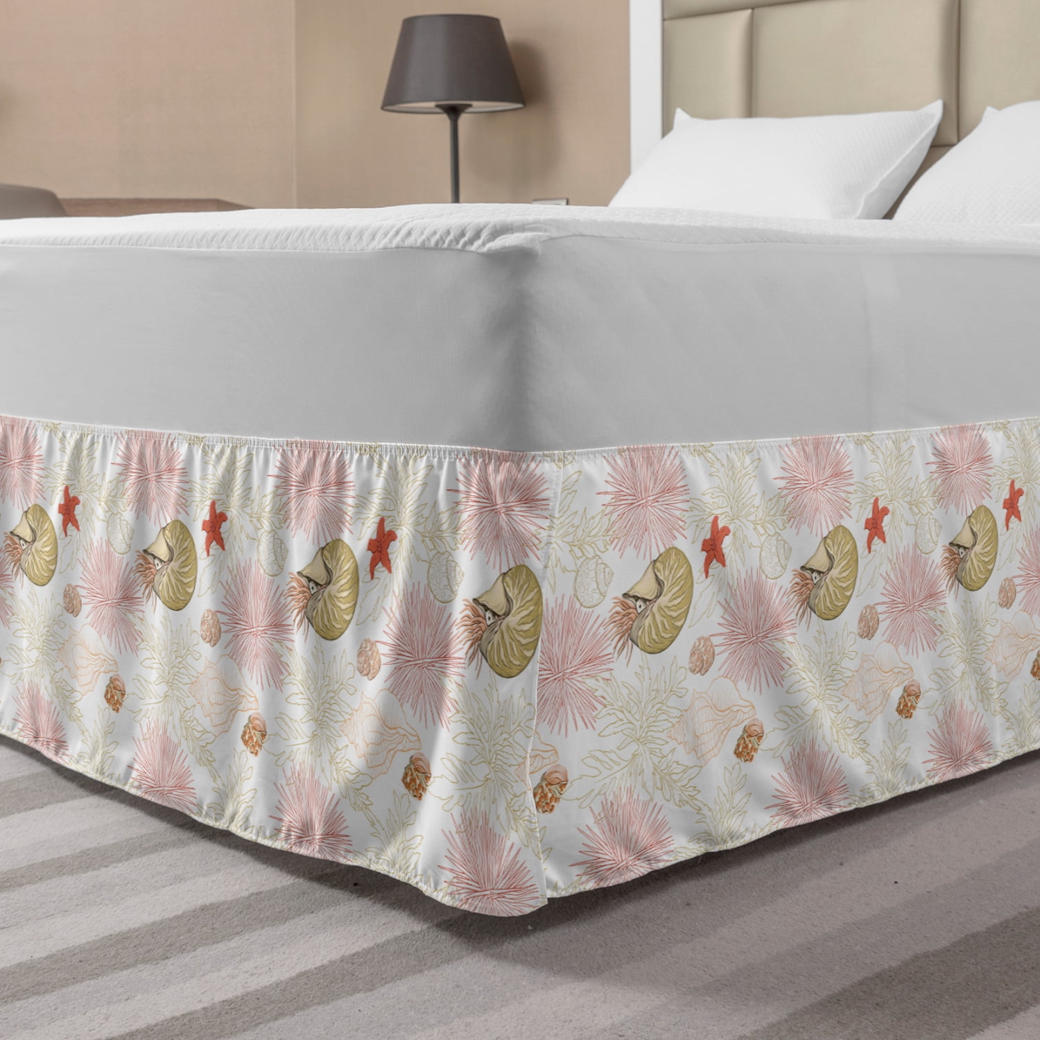 Nautical Bed Skirt, Coral Reef Sea World Jellyfish Squid Starfish