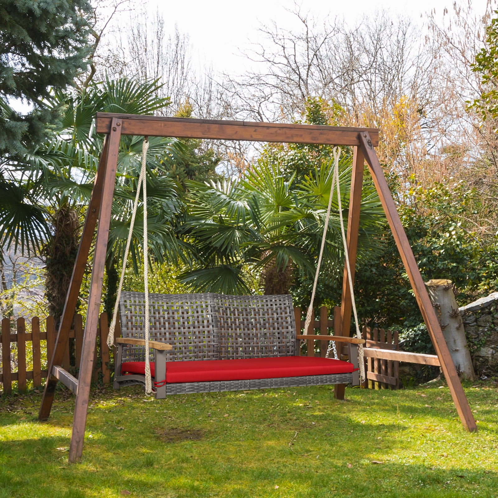 2 Person Patio Wicker Hanging Swing Chair Red costway