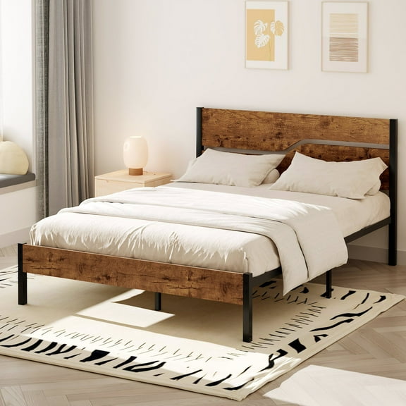 VECELO Full Size Metal Bed Frame with Wooden Headboard and Footboard, Brown