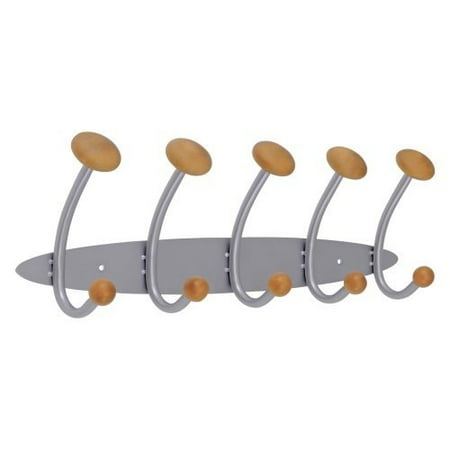 Alba PM5M Wall or Door Mounted Coat Hanger in Silver and Light Wood with 5 Pegs
