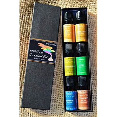 9GreenBox - Aromatherapy Best 6 100% Pure Therapeutic Grade Basic Sampler Essential Oil Gift Set- 6/10 Ml (Sweet Orange, Bergamot, Lemon Grass, Lime, Spearmint, Cinnamon