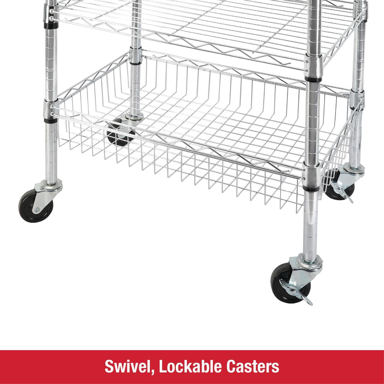 Rubbermaid 3-Tier Chrome Rolling Cart with Removable Wood Top, 300lb Capacity