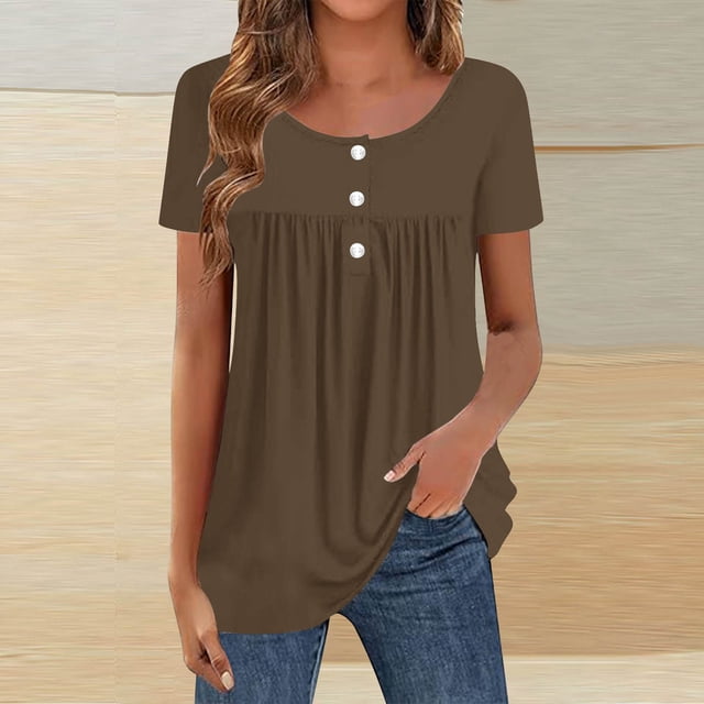 TaTaai Pleated Blouse Stretchy Soft Lightweight Women's Loose Fit Short Sleeve Round Neck Button Detail Casual Daily Fashion All-Season Versatile Top Gift