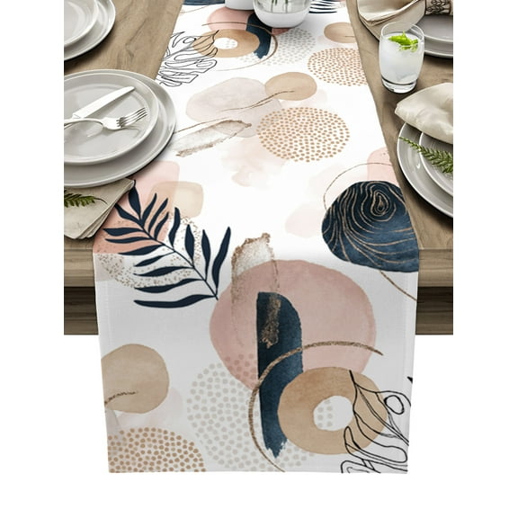 Table Runner Dresser Scarves 90 Inch Long, Mid Century Minimalist Geometric Linen Dining Table Runners Abstract Leaves Art Tabletop Scarf for Wedding Holiday Party Kitchen