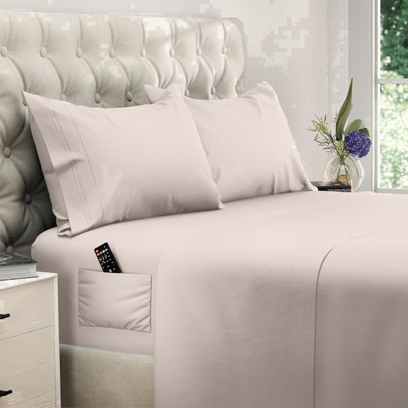 King Size 4 Piece Microfiber Sheet Set with Deep Pocket Fitted Sheet, Soft Hotel Style Bedding, Embroidered Pillowcases and Convenient Side Storage Pocket