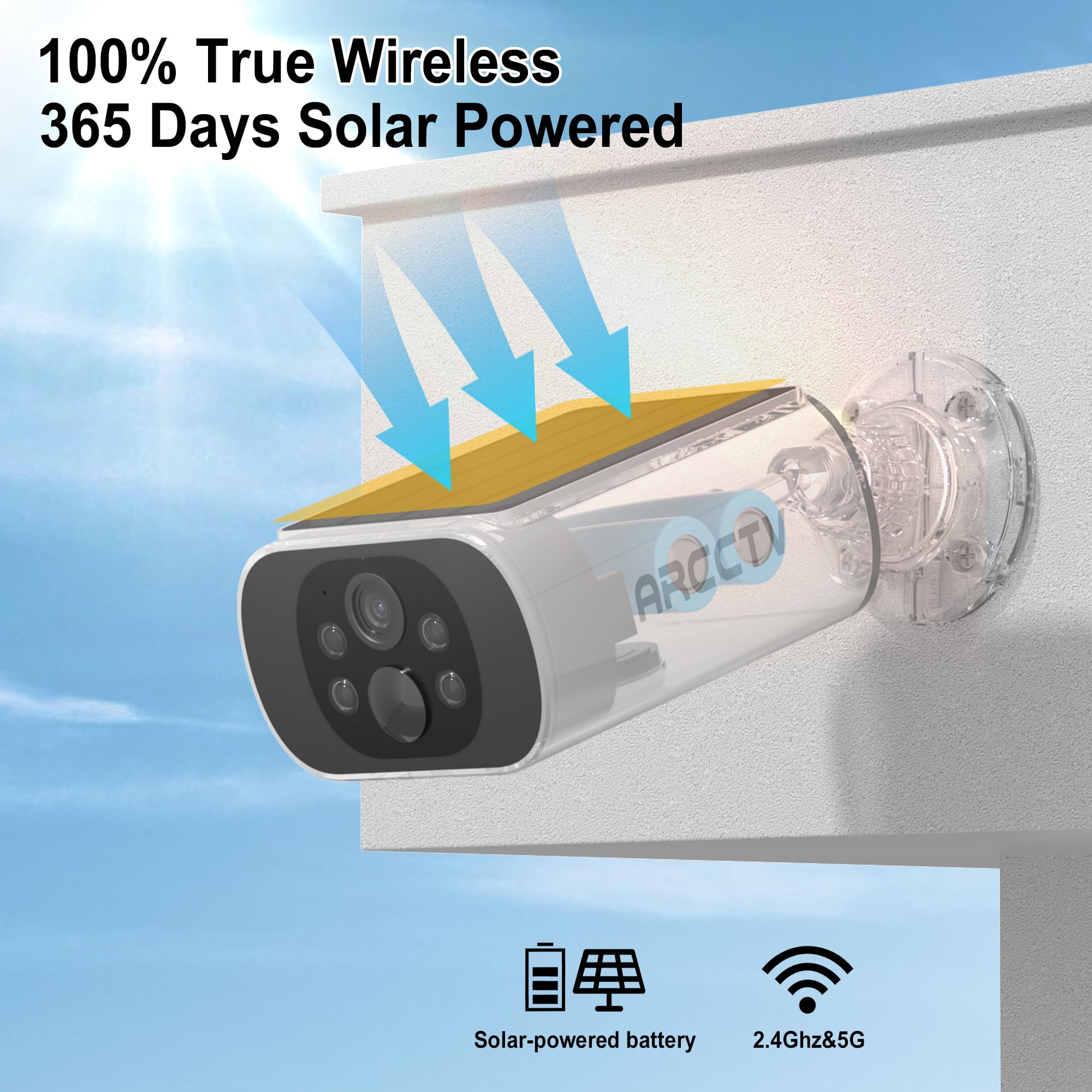 ARCCTV 2K Solar Security Camera Wireless Outdoor, Home Surveillance Camera with Embedded Solar Panel, Night Vision&Waterproof,2-Way Audio,2.4G/5G WiFi