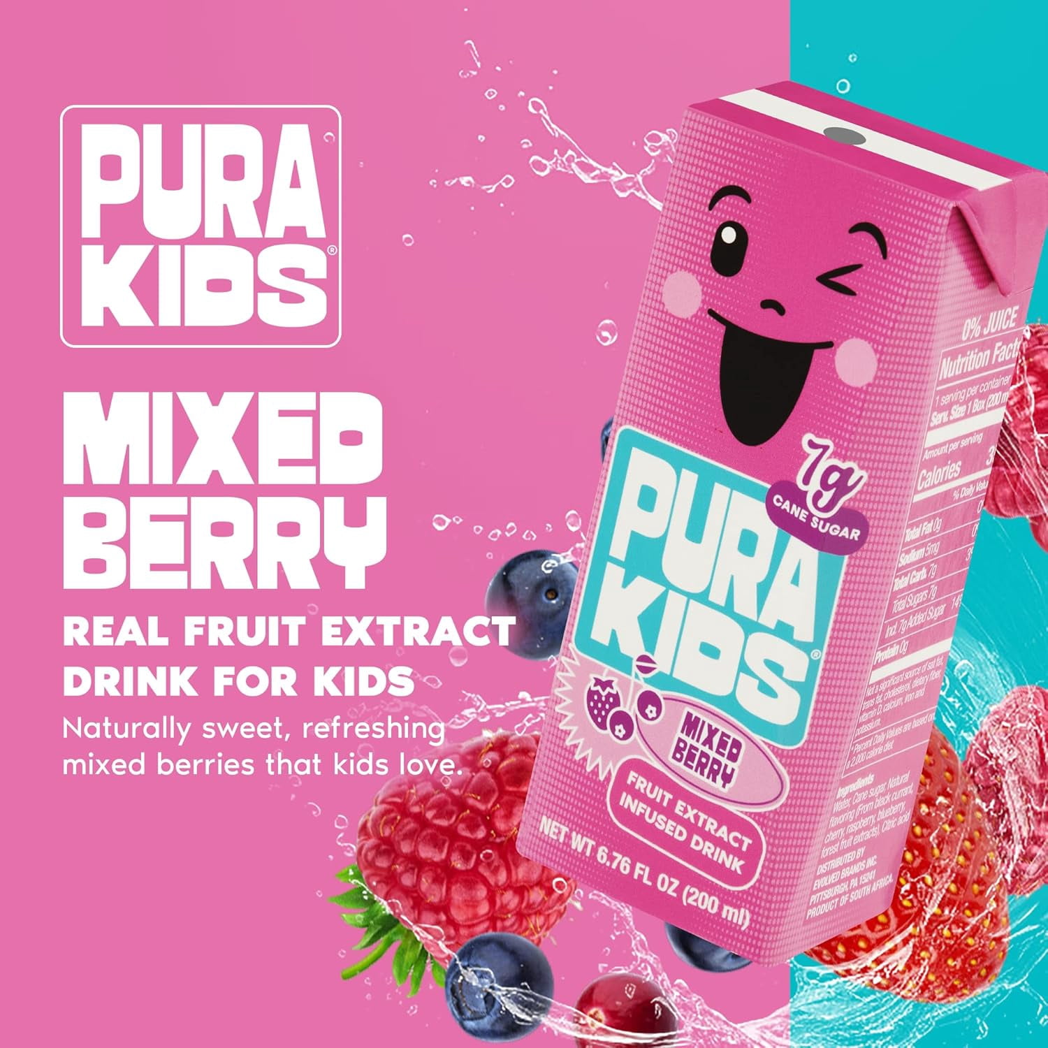 PURA Kids Box | Mixed Berry Fruit Extract Infused Drink for kids | 7g Of Pure Cane Sugar | Non-GMO | Vegan, No Artificial Sweeteners | Lunchbox Beverage with Paper Straw | 6.67 fl oz (200ml) 24-Pack