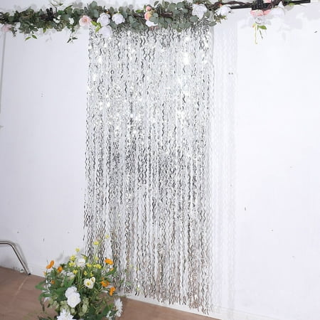 Image of Efavormart Metallic Silver Wavy Tinsel Streamer Party Backdrop Curly Foil Fringe Photo Booth Curtain - 3ftx6ft