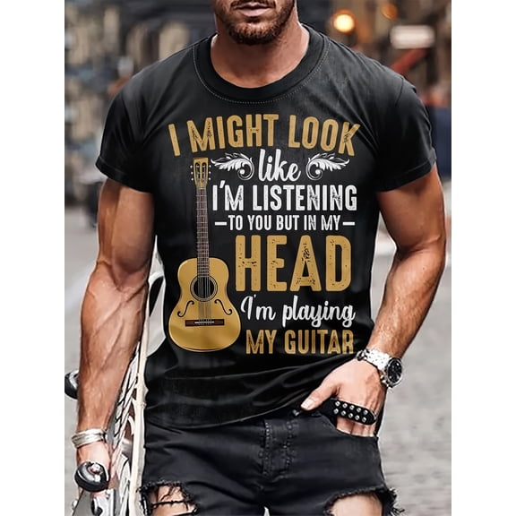 Men's Guitar Print T-shirt, Casual Short Sleeve Crew Neck Tee, Men's Clothing For Outdoor