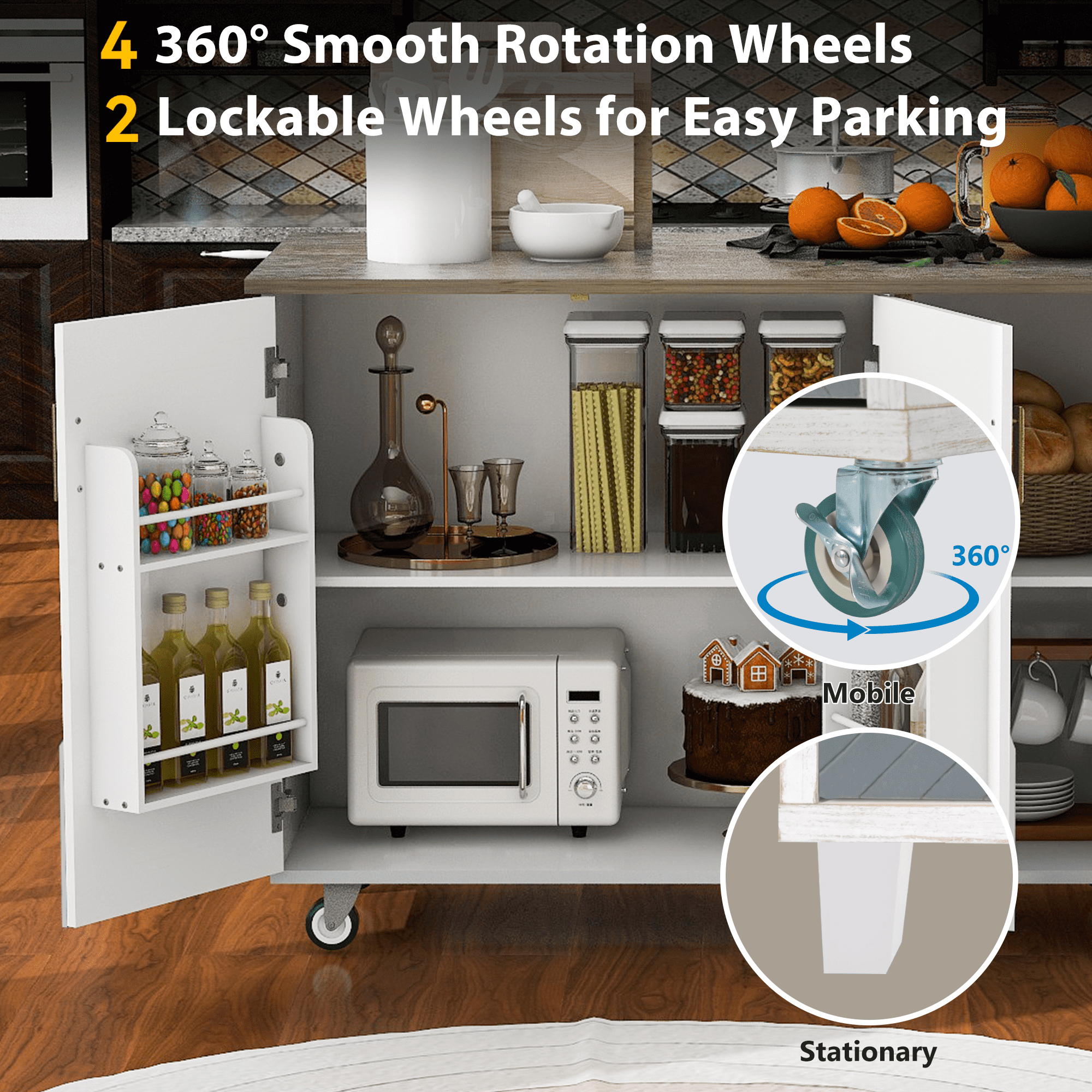 PORKISS Kitchen Island with Storage, Wooden Classical Storage Cart on Wheels with Drop Leaf for Living Room, Kitchen, Dining Room, Mountain Grain White