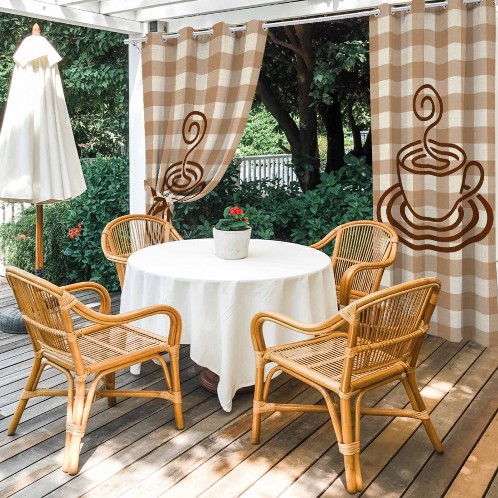 Coffee Cup Outdoor Curtains for Patio, Retro Country Brown Lines Cup Brown Plaid Sunshade Privacy Drapes Grommet Waterproof Outside Curtains for Porch/Cabana/Balcony 54"x 108", 1 Panel