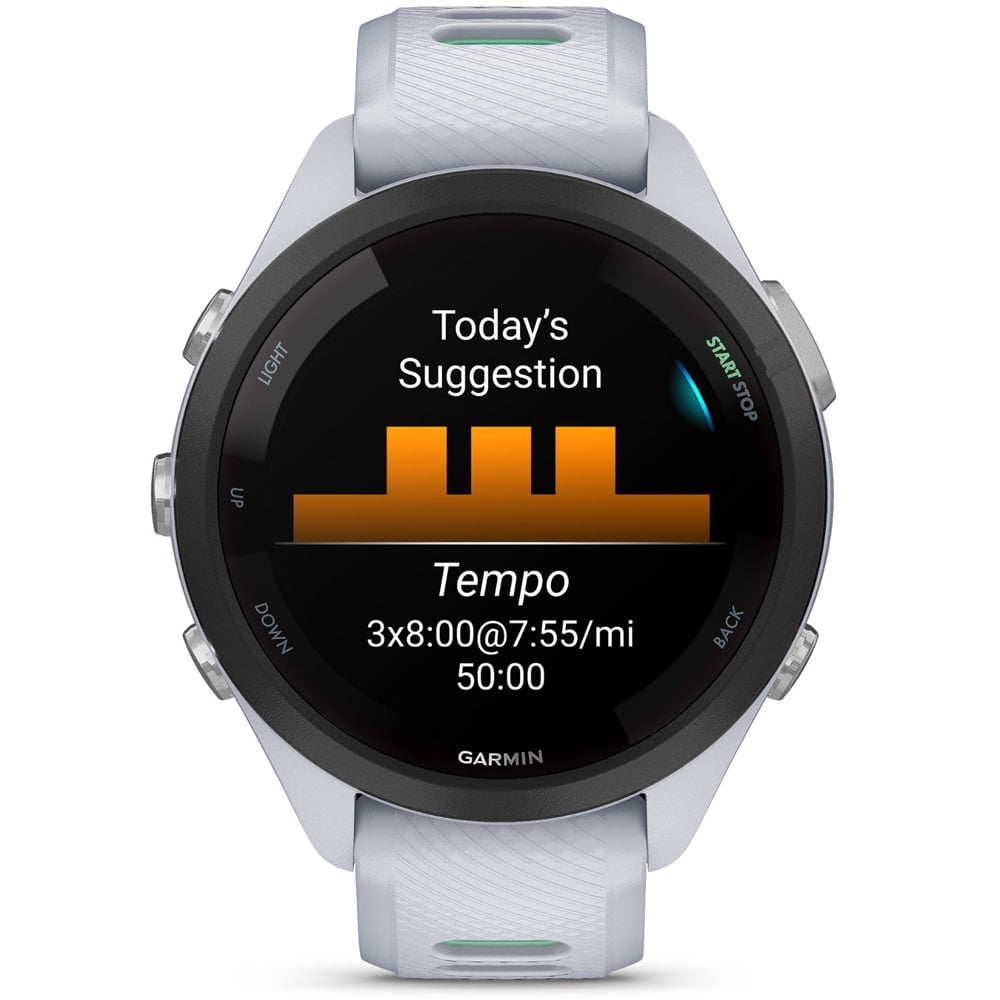 Garmin 010-02810-04 Forerunner 265S GPS Smartwatch, Whitestone/Neo Tropic Bundle with Sport Towel + Deco Essentials Wearable Commuter Front & Rear Safety Light| Official Garmin USA Dealer