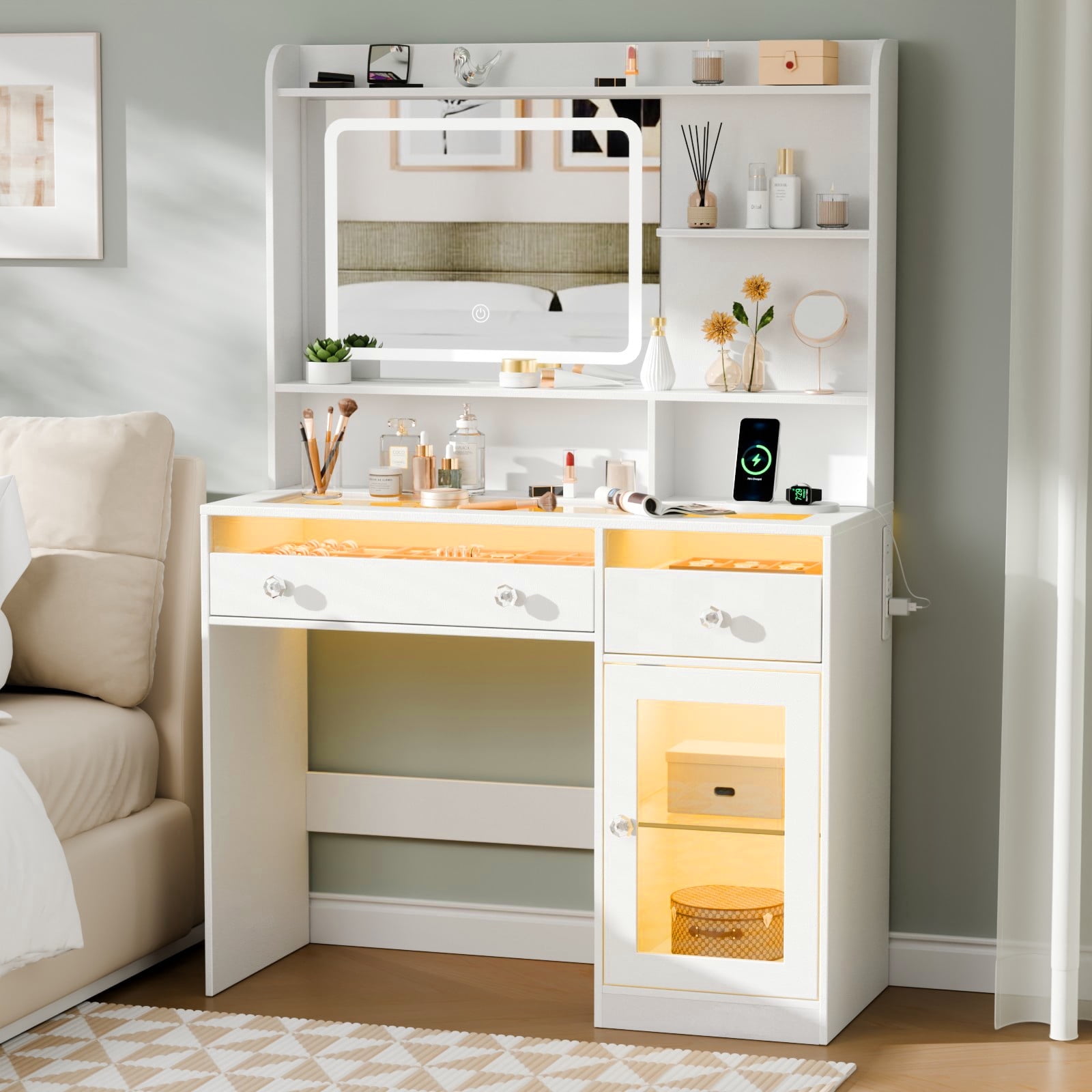 Satifur Modern LED Vanity Desk with Charging Station & Storage, White Makeup Table for Bedroom