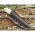 thumbnail image 6 of 6.5" Long Damascus steel hand forged compact skinning Knife, 3" drop point full tang blade, Camel Bone scale, Cow hide Leather sheath, 6 of 6