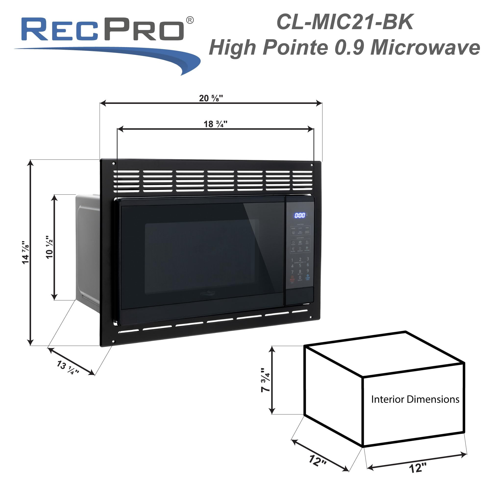 RecPro High Pointe Built-in Black Microwave | 0.9 Cu. Ft. | 6 Cook Modes | Child Lock | Touch Pad Controls | Mute Mode