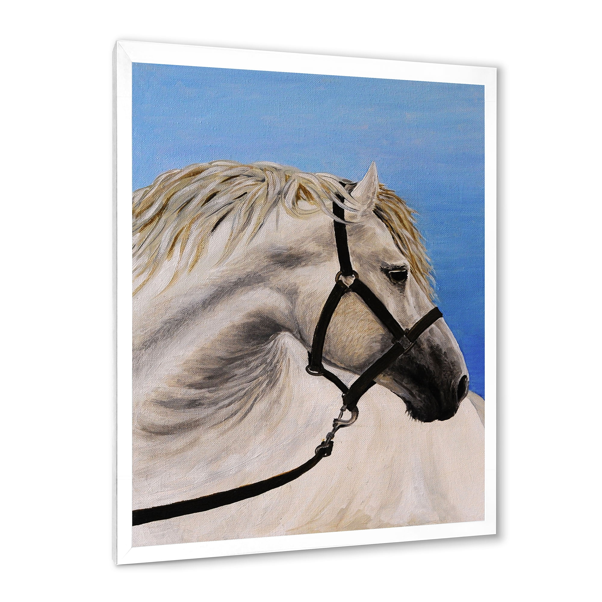 Designart 'Close Up Of White Horse In The Furrow' Farmhouse Framed Art Print
