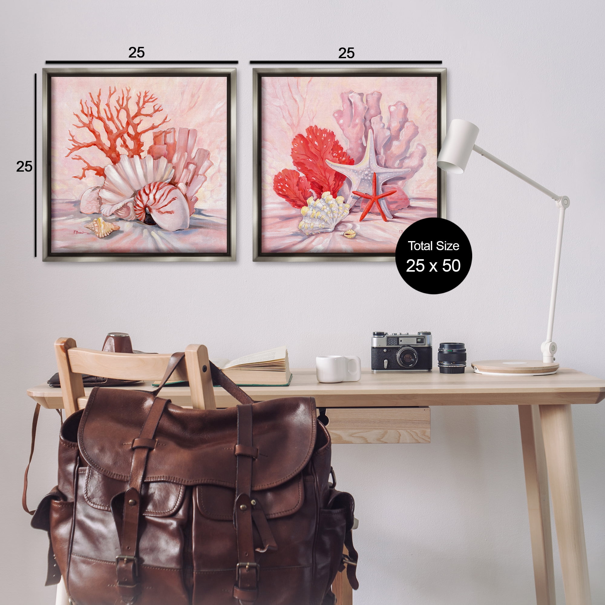 Stupell Industries Pink Coral Still Life Nautical & Beach Painting Gray Floater Framed Canvas Art Print Wall Art, 25 x 25, Set of 2