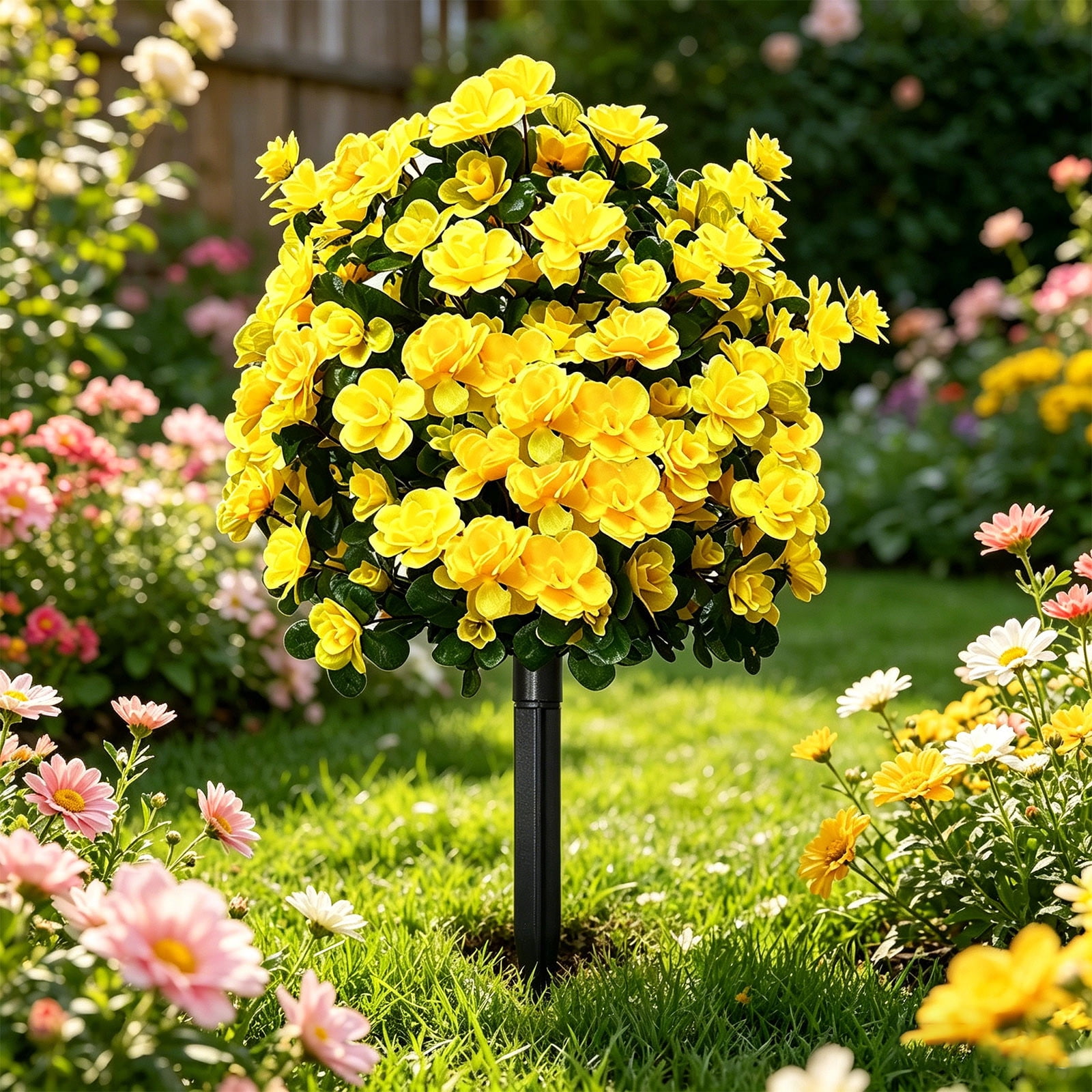 Flower Tree - Rhododendron, Yellow Fabric Flowers, Lifelike Green Leaves, Durable Plastic Stalk, Outdoor Decoration, Fashionable Scene Arrangement, to Insert, Garden, Patio, Yard, UV-Resistant