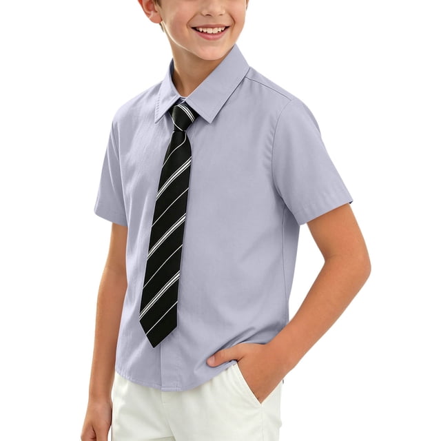 Odeerbi Camisa de Vestido Para Niños Con Corbata A Rayas Camisas de Uniforme Escolar de Manga Corta