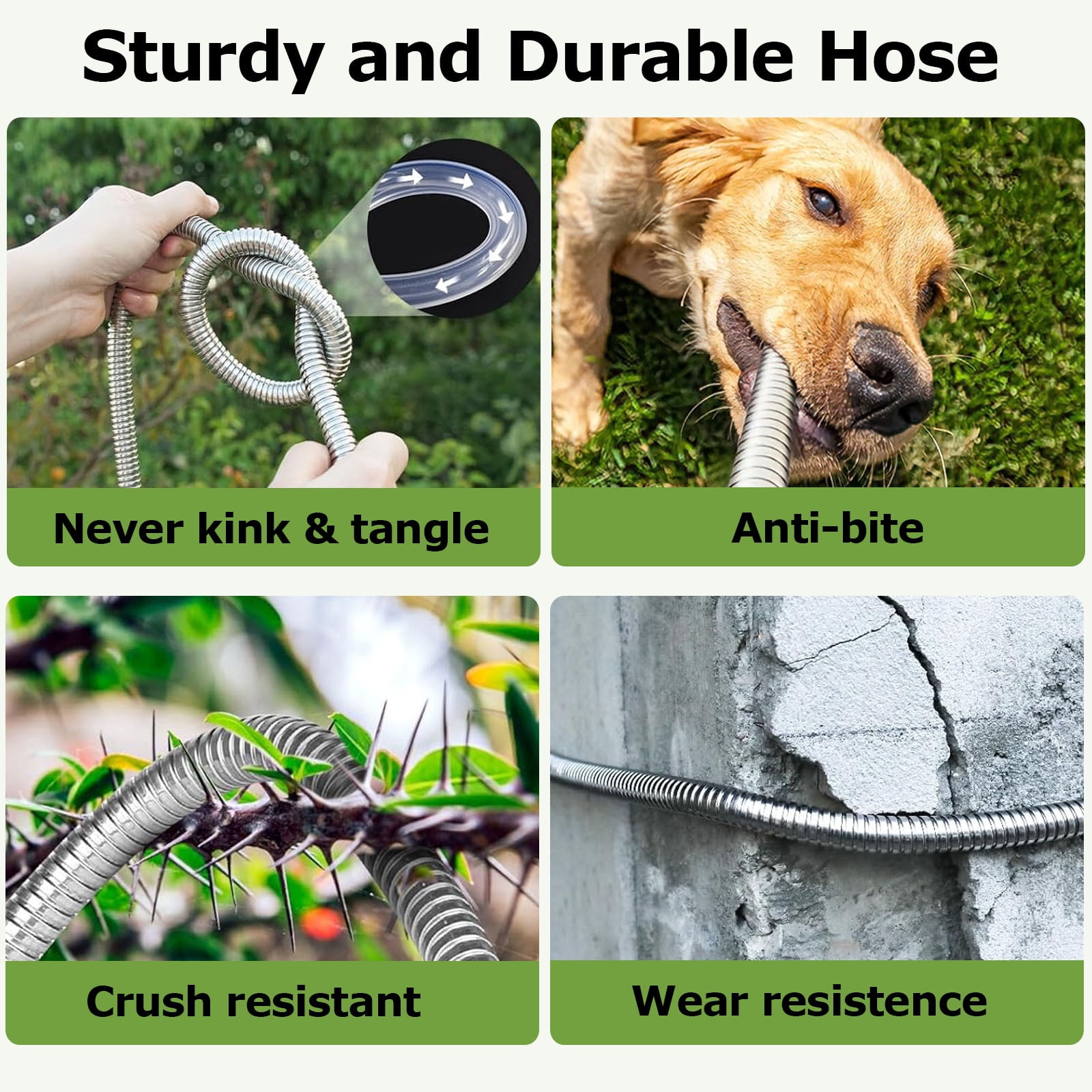 Kisportee Garden Hose 50ft, Heavy Duty Stainless Steel Water Hose with 10 Functional Nozzles, No Kink, Lightweight & Flexible, Easy to Use & Store, Strong and Sturdy, Suitable for Yard, Lawn