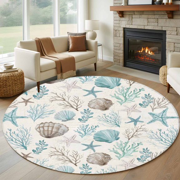 Ocean Coastal Round Area Rug 5Ft Washable Circle Rugs for Living Room Bedroom, Nautical Beach Starfish Coral Seashells Leaf Non-Slip Carpet Floor Mats Indoor Outdoor Carpet Runner Home Decor