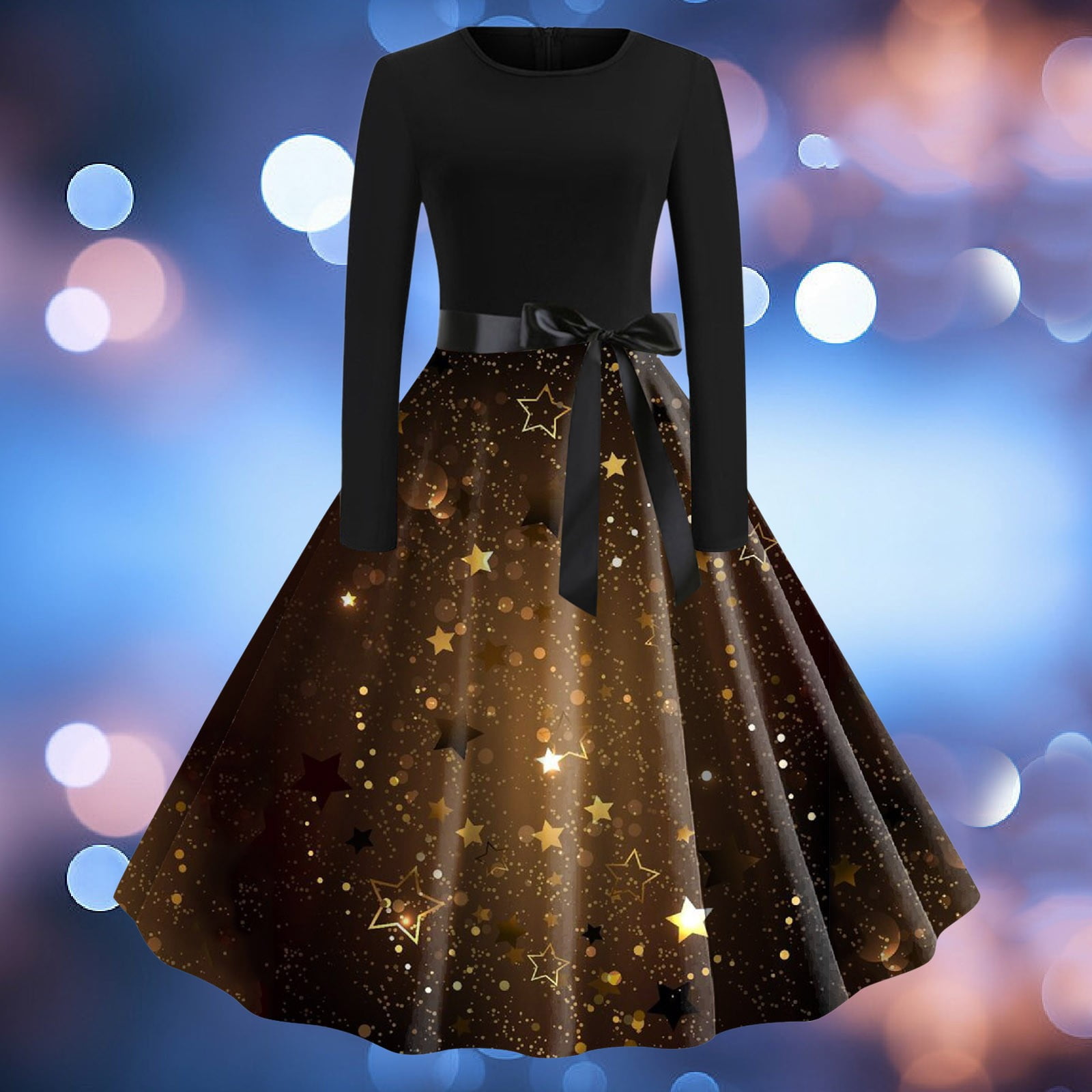 Womens Dress Womens Skate Dress Women Bling Bling Print Long Sleeve Crew Neck 1950s Housewife Evening Party Prom Dress Adult Female Clothes Gold Size XL Walmart