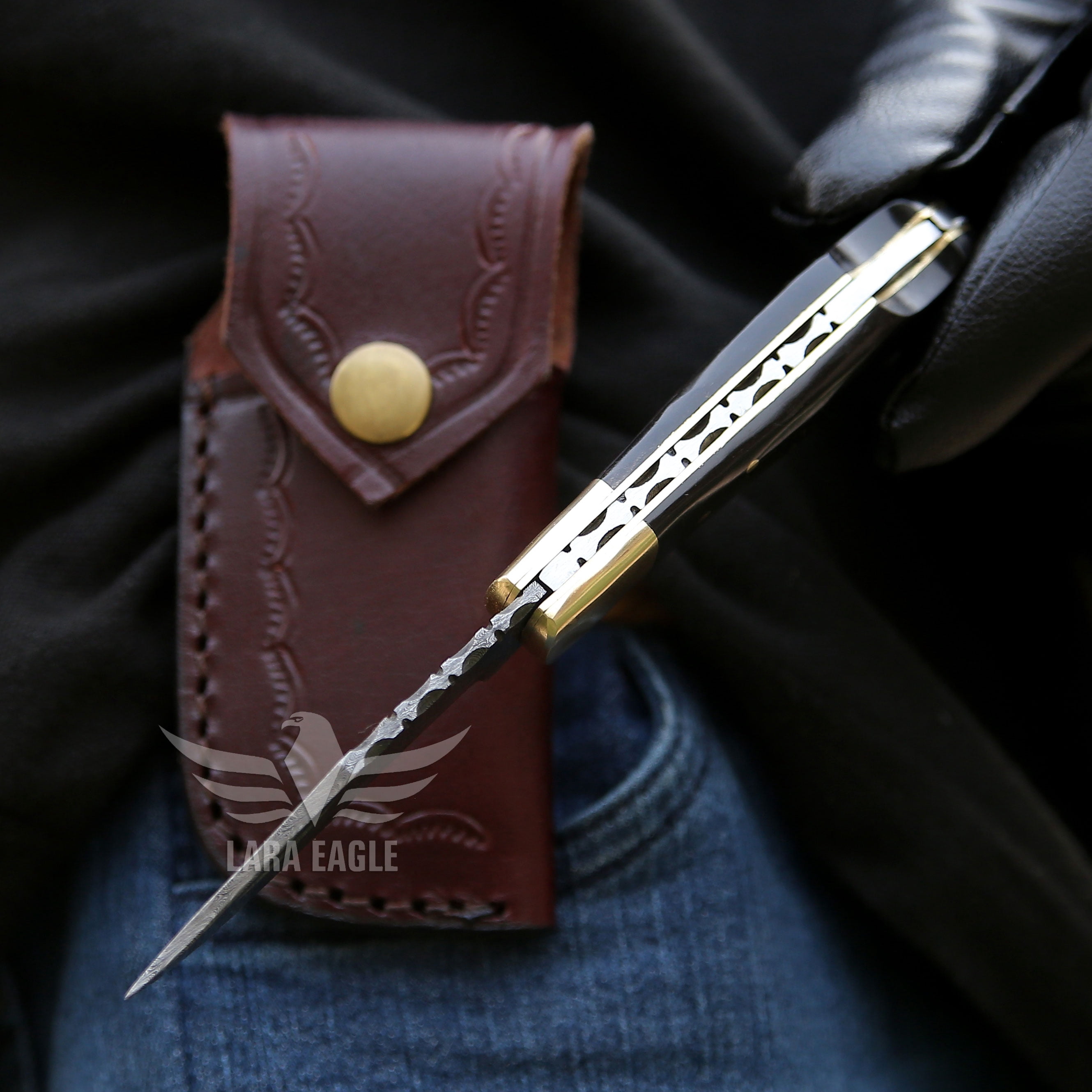 Lara Eagle Damascus Pocket Knife for Men - 3 inch Blade, 133 Layer Solid Steel Handmade Black Folding Knife with Sharpener and Leather Pouch - for Camping, Hunting, Hiking.