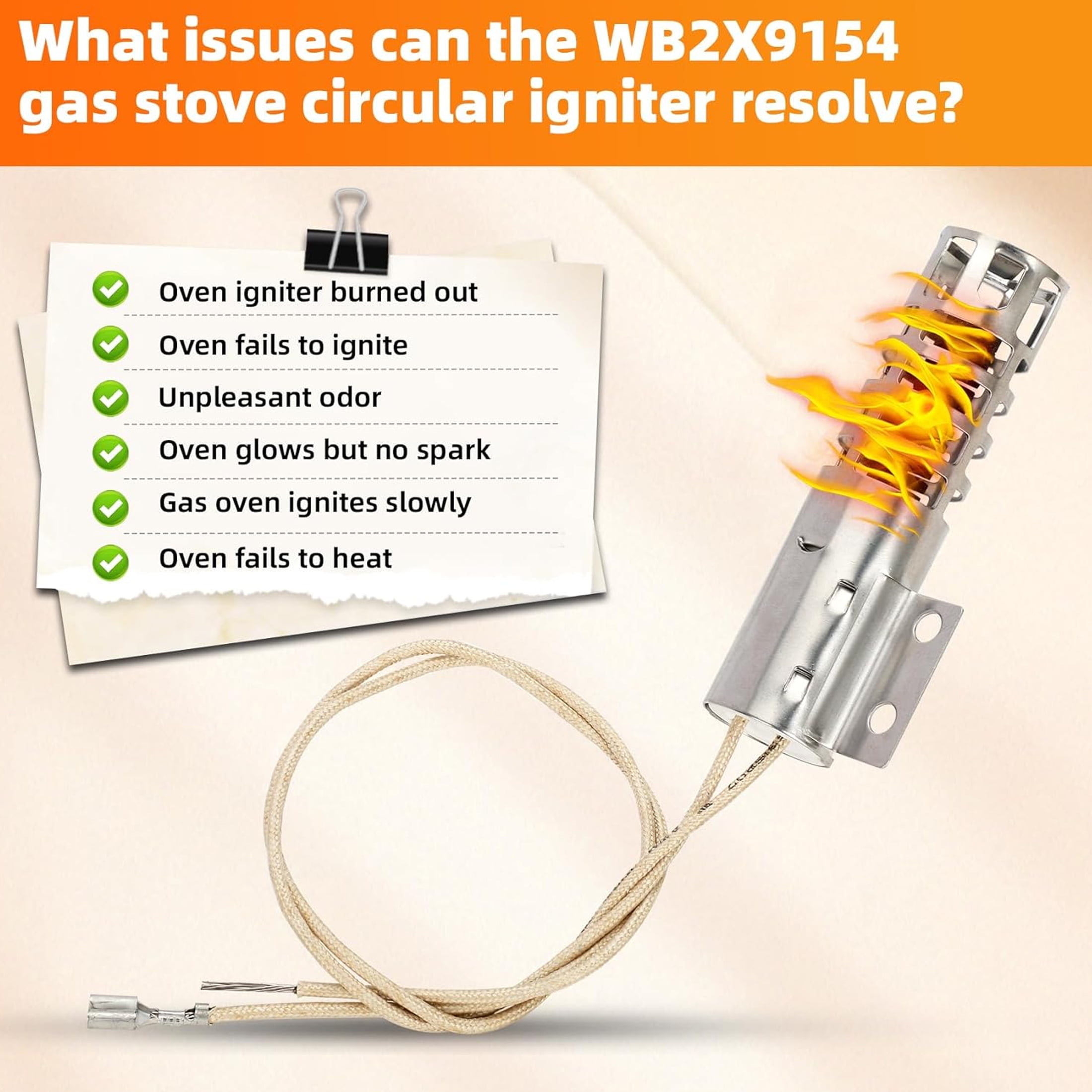 WB2X9154 Oven Igniter Compatible with GE Round Gas Range Igniter Replacement Parts, Replace WB13K10027 WB13K3 PS243425 AP2014008 GR403 (120V,2.5-3.0 a)