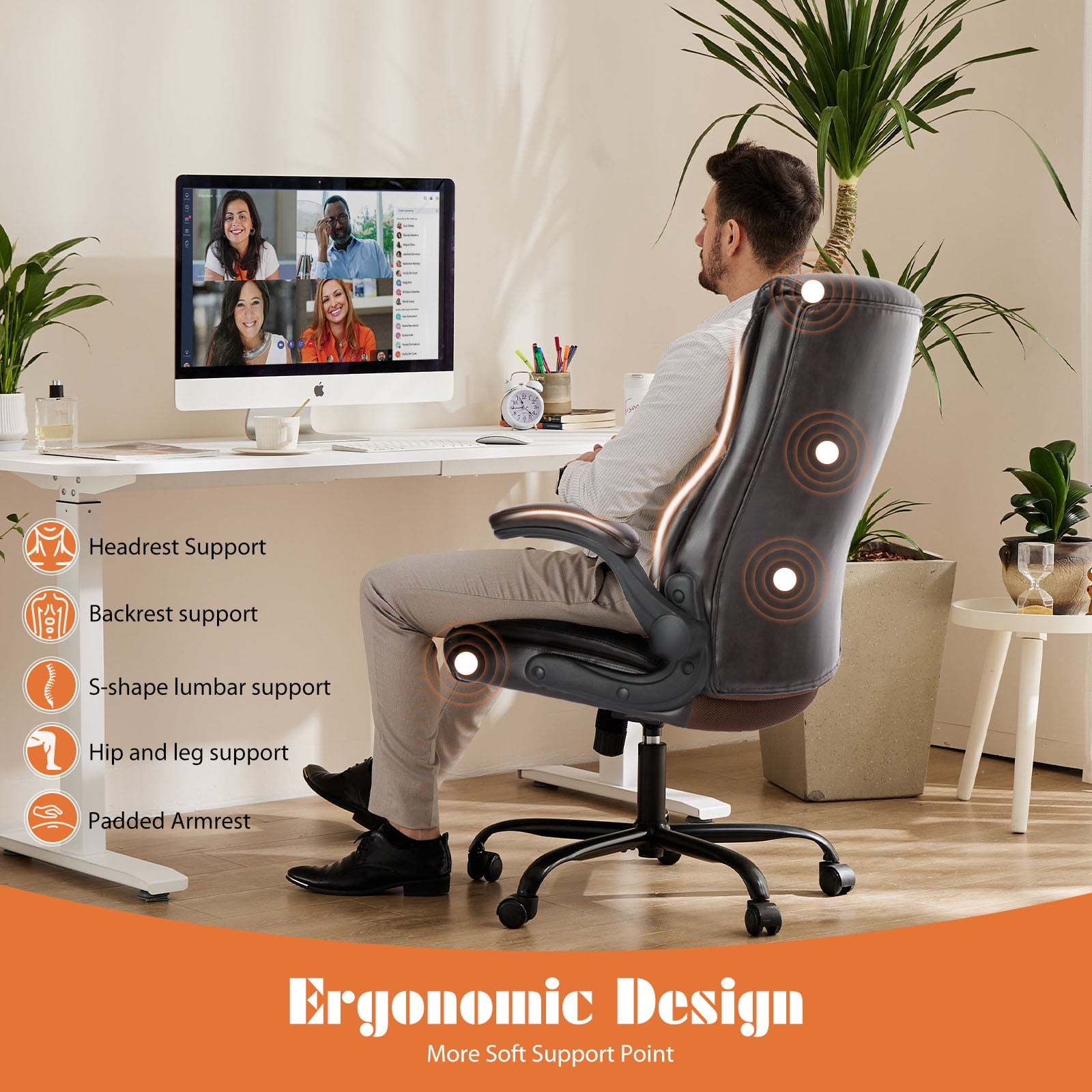 Yoyomax Office Chair, Ergonomic Executive Computer Desk Chairs with Adjustable Flip-up Armrest, Swivel Task Chair with Lumbar Support, Strong Metal Base, PU Leather