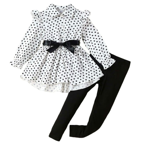 Girls Clothes 2025 2026 Fashion Dot Ruffle Long Sleeve Collared Dress Blouse Top with Belt and Legging Pants Outfit Set for Little Big Kids 2-7Y